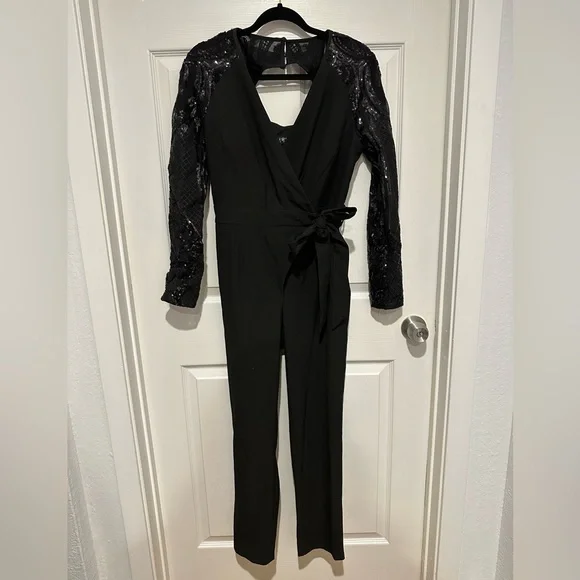 Little Mistress wrap front jumpsuit sequin sleeves. - Picture 4 of 11